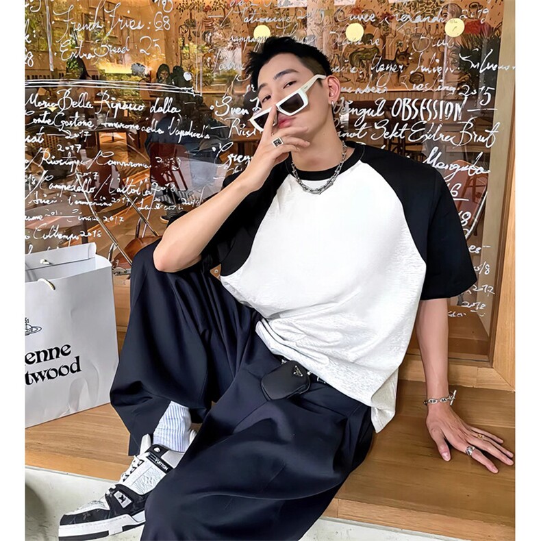 抖音得物高品质二开240克宽松纯棉美式潮牌插肩袖拼接短袖T恤，男装T恤，电商A486