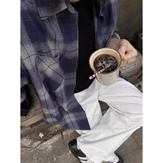 复古做旧渐变设计格纹衬衫男长袖宽松情侣格子衬衣外套C68，男装衬衫，星座1116A（原606A-3）