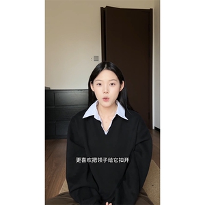 XZ1005-1-FLF666-P48 假两件条纹v领卫衣短宽boxy套头百搭学院风图片