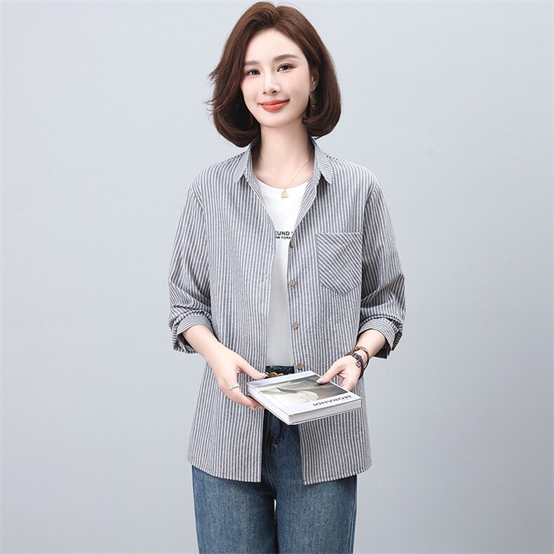 条纹衬衫女2025年春秋新款时尚休闲中年妈妈简约百搭薄款长袖衬衣,女装衬衫,独衣靓