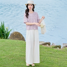 2026年夏季重工刺绣小衫阔腿裤套装休闲套装女，女装套装/套裙，依路服饰