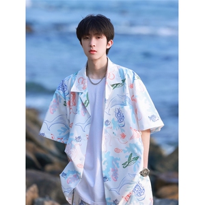 wassuphapp冰丝沙滩衬衫男夏季潮流透气速干短袖短裤一整套搭配