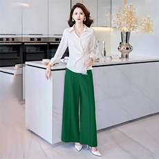 2024秋年法式通勤洋气V领修身衬衣气质垂感直筒百搭阔腿裤两件套，女装套装/套裙，火爆靓佳人
