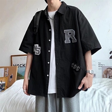 美式ins复古休闲半袖衬衣潮牌外套毛巾刺绣短袖衬衫男W3187-P32，男装衬衫，星座512-2