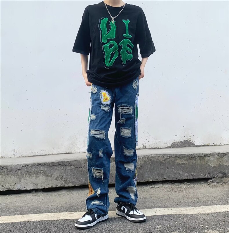 美式街头小众重工刺绣贴布直筒牛仔裤高街潮牌嘻哈宽松BK42-P83,男装牛仔裤,星座1109-3