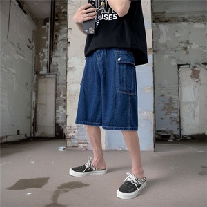 美式深蓝色牛仔短裤男女夏季cityboy工装裤子阔腿六七分裤NK1506图片