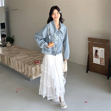 复古牛仔蓝翻领短款牛仔上衣+白色蕾丝半裙2025新L509P230K299，女装短外套，2C220