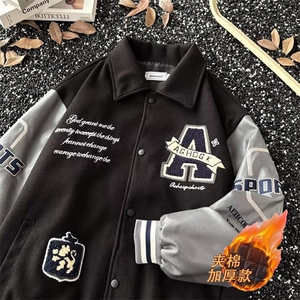 美式拼接翻领夹克棒球服男加厚加绒新嘻哈痞帅情侣外套HH799 P76图片