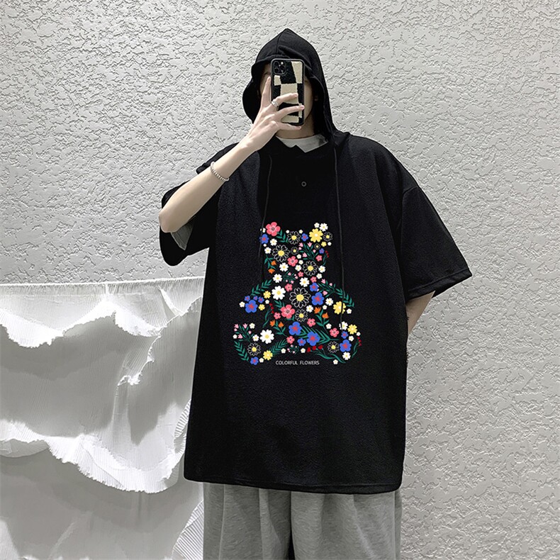 LD54206-P45连帽短袖t恤男大码胖子带帽五分袖中袖大皂风,男装T恤,电商A040