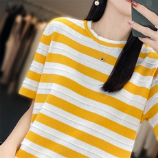 撞色条纹100%纯棉T恤女薄款圆领短袖夏季新款宽松慵懒风半袖打底，女装针织衫/毛衣，郡淞羊绒
