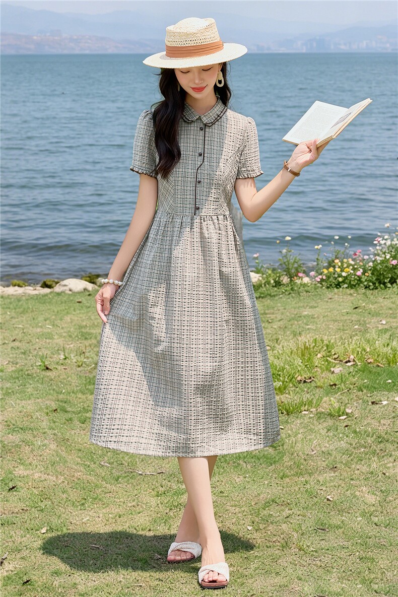 学院风格纹连衣裙女春夏收腰显瘦中长裙格子裙子,女装连衣裙,水衣源