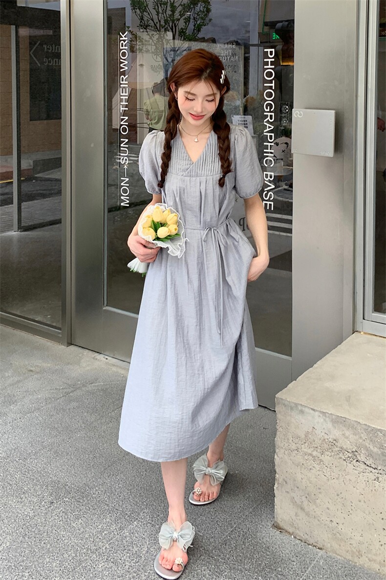 新款蓝灰色法式V领显瘦连衣裙【现货】5087-P125K178,女装连衣裙,浙宝192（原082）