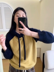 秋冬新款连帽针织加厚套头毛衣女拼接帽衫打底羊毛衫，女装羊毛衫，思途羊绒