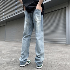 牛仔裤男夏季水洗美式高街复古直筒潮牌宽松阔腿百搭裤N06046-P42，男装牛仔裤，星座308B-2