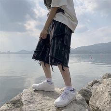 做旧扎染阔腿牛仔短裤男宽松直筒小众暗黑中性五分裤潮AK101-P40，男装牛仔裤，星座1008-1