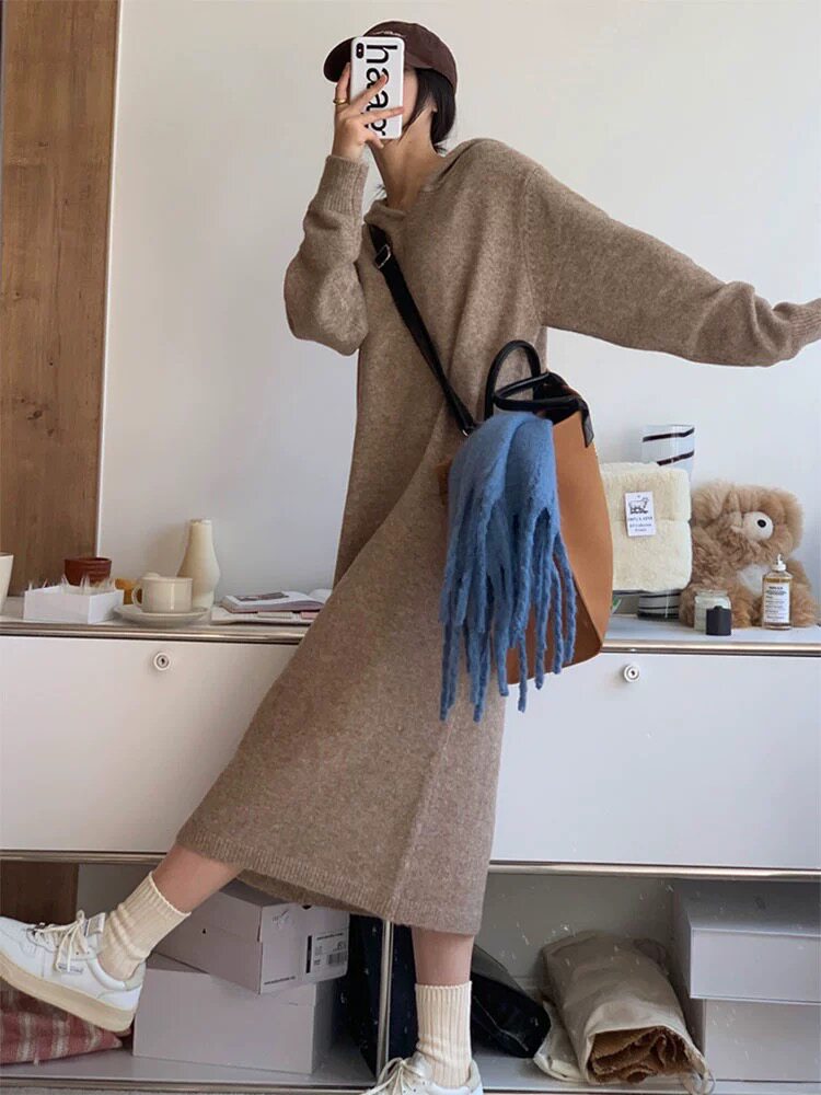 连帽毛衣女秋冬2024新款宽松慵懒风针织衫长袖连衣裙图片