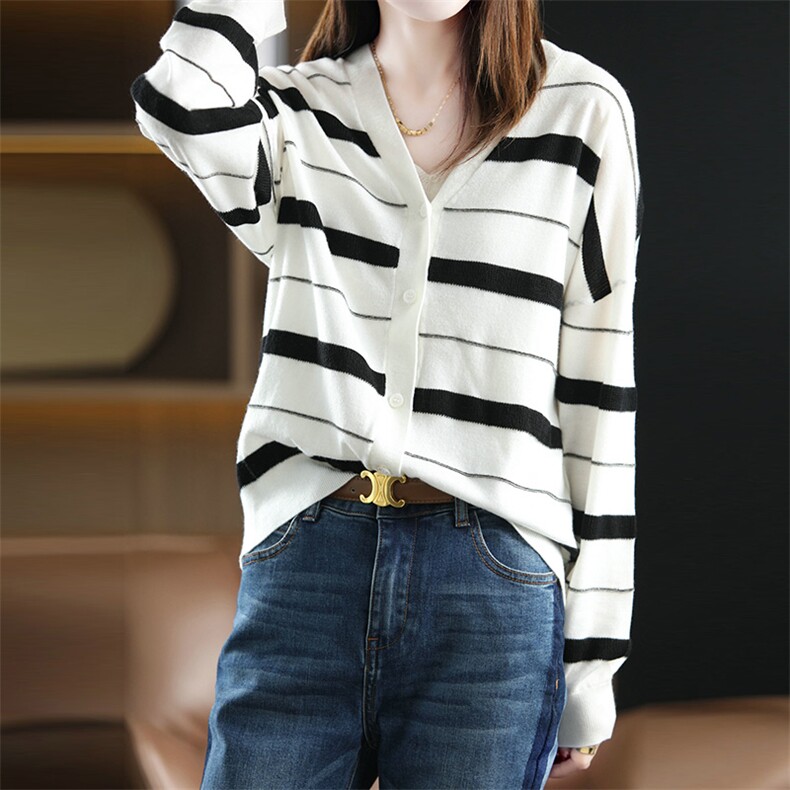 时尚气质条纹针织开衫休闲百搭显瘦长袖毛衣，女装针织衫/毛衣，丽特绒