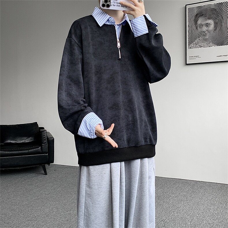 新款假两件条纹拉链衬衫领休闲春款卫衣高街休闲学院卫衣特P50,男装卫衣,电商B319