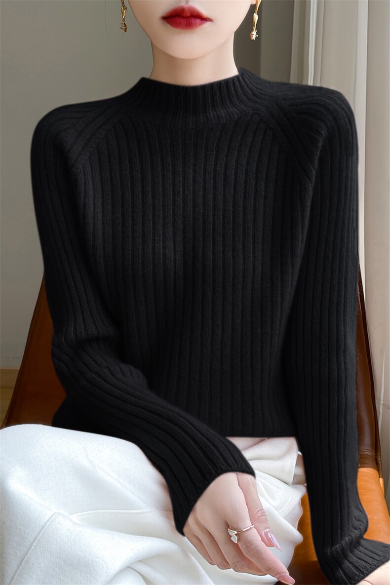 25秋冬100%纯羊毛衫女一线成衣坑条半高领加厚毛衣宽松羊绒衫上衣,女装羊毛衫,九嘉羊绒