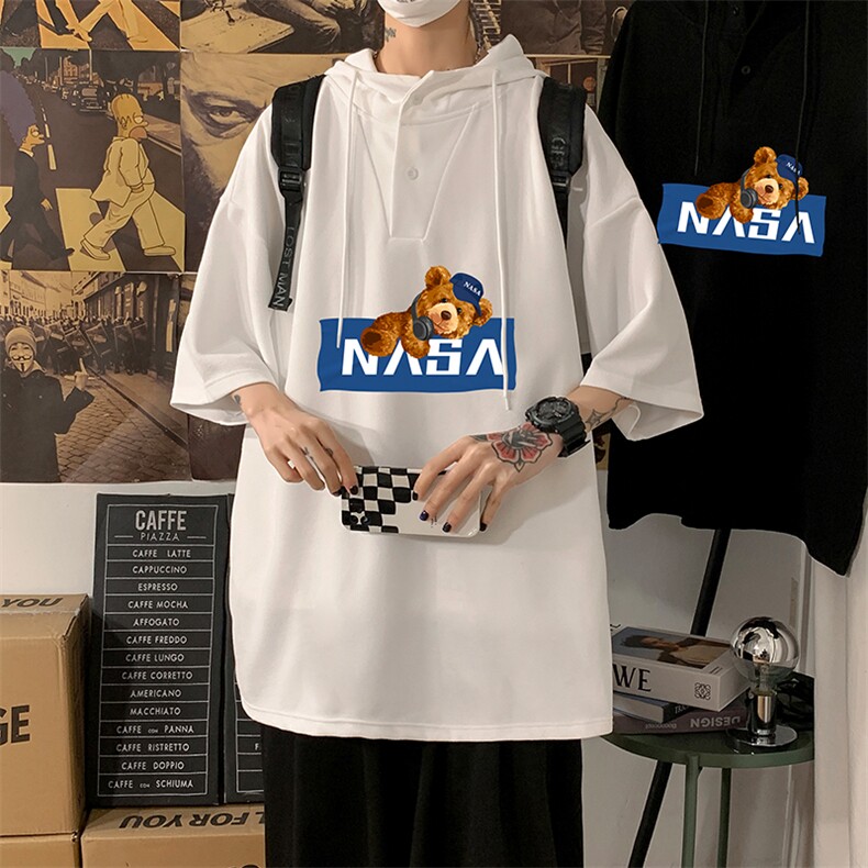 LD54247-P45NASA连帽短袖t恤男大码胖子带帽五分袖中袖海报风,男装T恤,电商A040