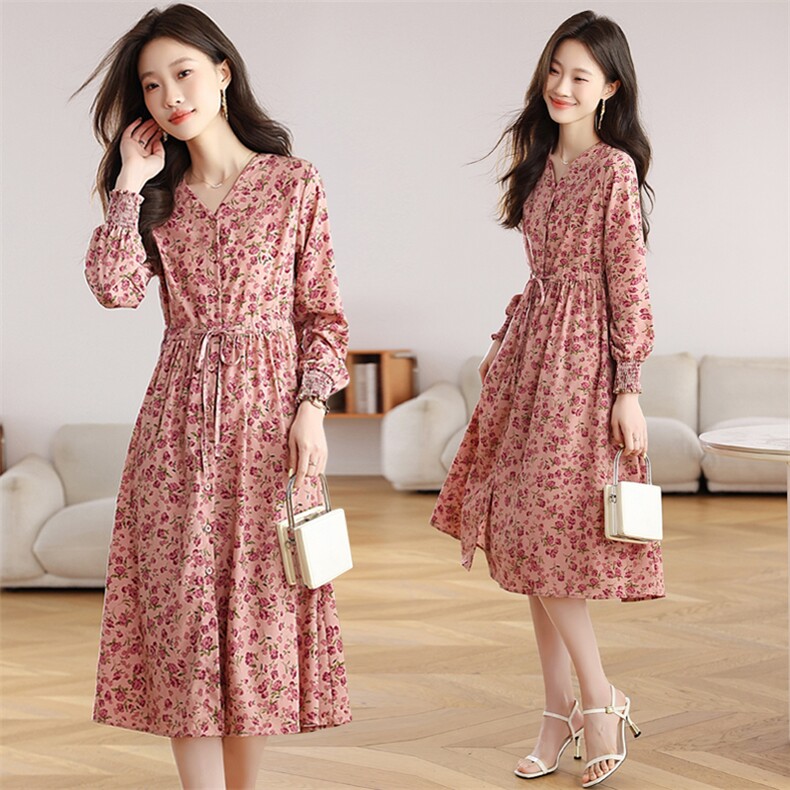法式气质长袖连衣裙女秋装2025秋季新款收腰显瘦休闲百搭碎花裙子，女装连衣裙，艾米