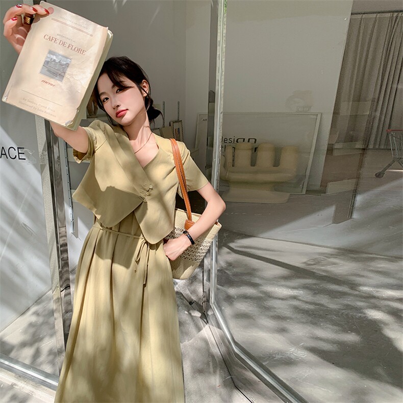 现货！薄款短袖西装吊带连衣裙两件套长裙套装5055P155K228,女装连衣裙,维壹