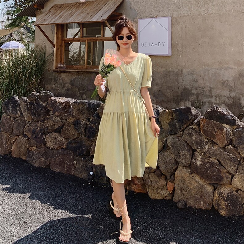 （现货）收腰泡泡袖连衣裙女2024年夏季新款时尚气质法式V领裙子,女装连衣裙,唯依ONLY