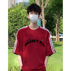 抖音得物高品质二开240克宽松纯棉美式潮牌三条杠织带短袖T恤，男装T恤，电商A486-1