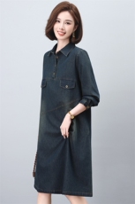 牛仔连衣裙女2025春秋新款休闲宽松遮肚时尚气质妈妈长袖翻领裙子，女装连衣裙，希欧阁