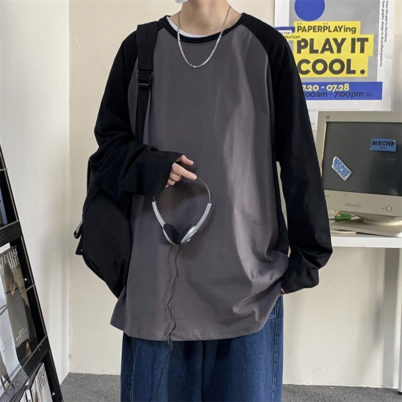 秋季ins潮流宽松休闲圆领打底衫日系撞色上衣长袖T恤男T1381-P28,男装T恤,星座512-2
