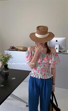 夏季新款牛津收腰显瘦花上衣一字肩荷叶边，其它，新袖