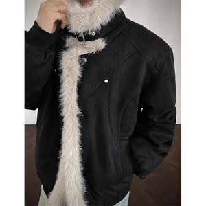 现货重磅硬挺boxy羽绒棉衣座山雕大毛毛领洗水麂皮棉服冬外套,男装棉衣,电商A443