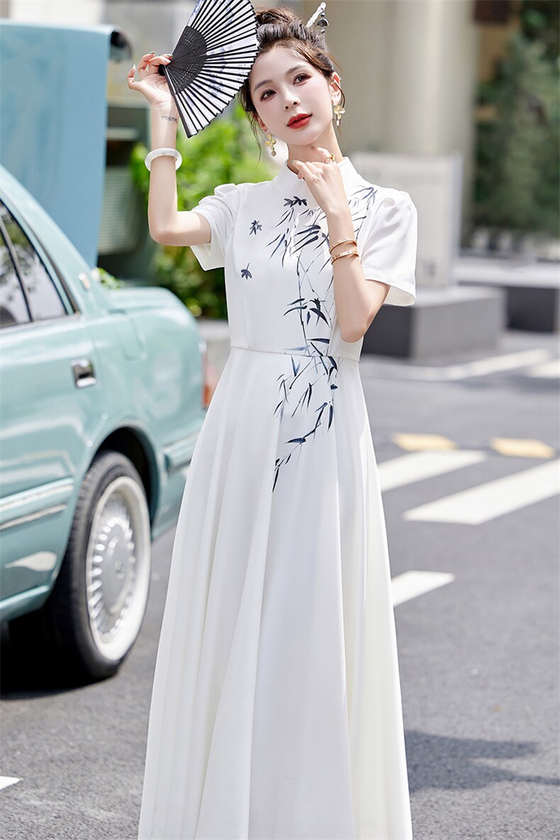 新中式国风印花连衣裙女2024夏季新款高级感气质复古禅意改良旗袍,女装连衣裙,芷墨服饰