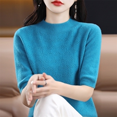 2025年秋季通勤套头一线成衣半高镂空中袖，女装羊毛衫，大美人包芯纱店