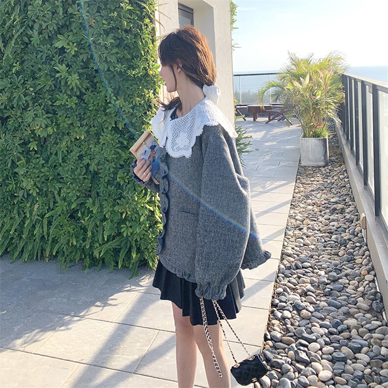 春款现货蕾丝钩复古花毛织木耳边韩式短外套2C239-H50-P160K258,女装短外套,2C239
