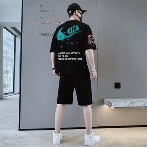 夏季新款短袖T恤套装青少年休闲宽松潮流两件套男装F310P58图片