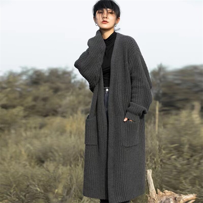 重磅加厚100%羊毛开衫女V领中长款宽松慵懒针织衫百搭羊绒衫外套,女装羊毛衫,千御纺羊绒