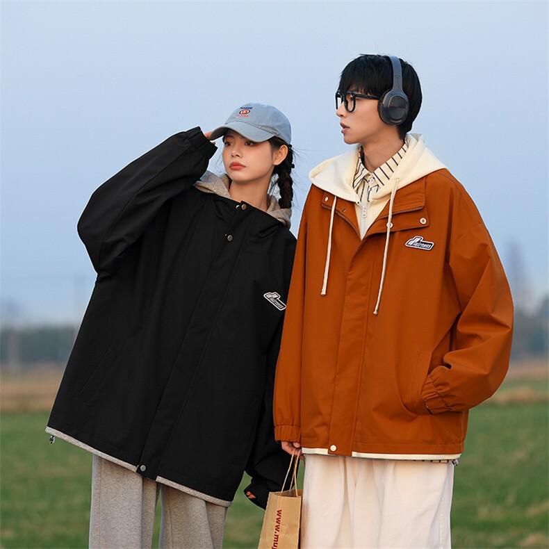 春秋款工装连帽假两件夹克潮流拼色宽松冲锋衣外套JK8310-P65,男装夹克,电商B306