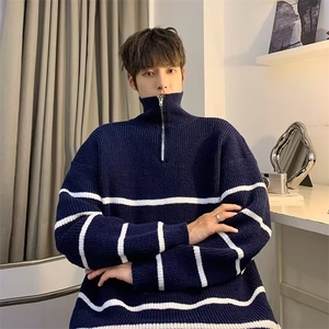 M202-P46 半拉链条纹毛衣男立领秋冬新款慵懒高级感宽松套头图片