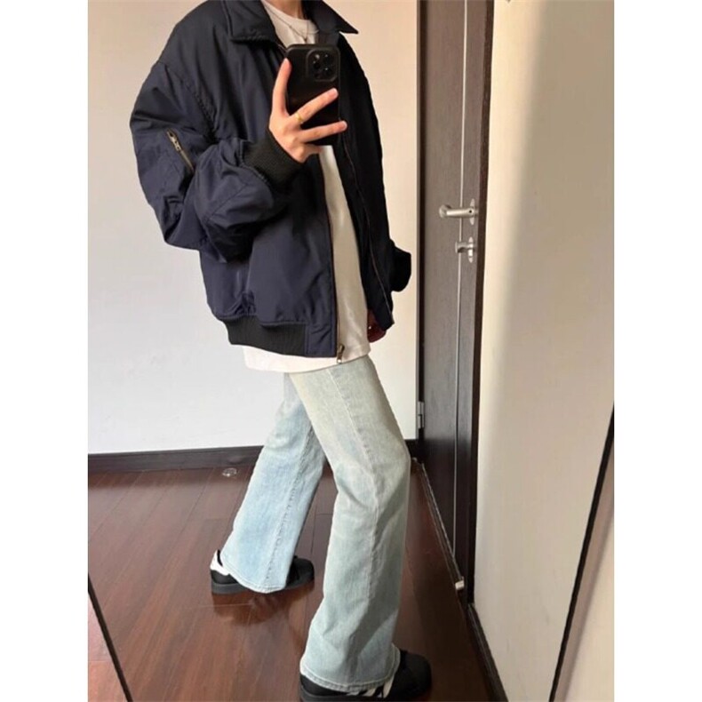 藏青色美式复古飞行员夹克翻领工装外套短款棒球服JK016特P53,男装夹克,星座908-1
