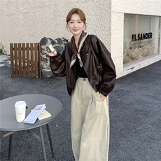棕色复古美拉德短款皮衣外套女2025秋小个子又酷又飒圆领PU皮夹克，女装皮衣，慧尚2-185