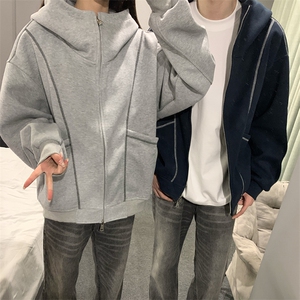 抖音得物高品质秋冬美式高街重磅结构辑明线纹理连帽卫衣外套W111图片