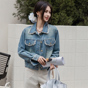 bao款蓝色牛仔外套女短款2025春季新款时尚气质直筒毛边夹克上衣图片