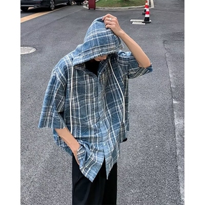 男士短袖春夏季2024新款工艺格子连帽衬衫 HJ10 P36图片