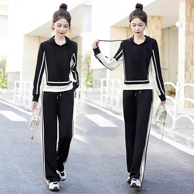 春季新款撞色两件套休闲时尚女装套装显瘦百搭运动风长袖卫衣裤，女装套装/套裙，妙形