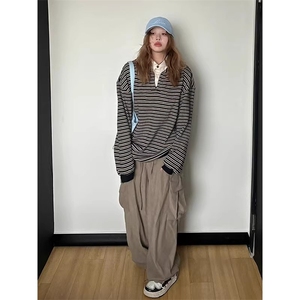 BN32-P74假两件长袖t恤女秋季美式复古宽松情侣卫衣polo领撞色