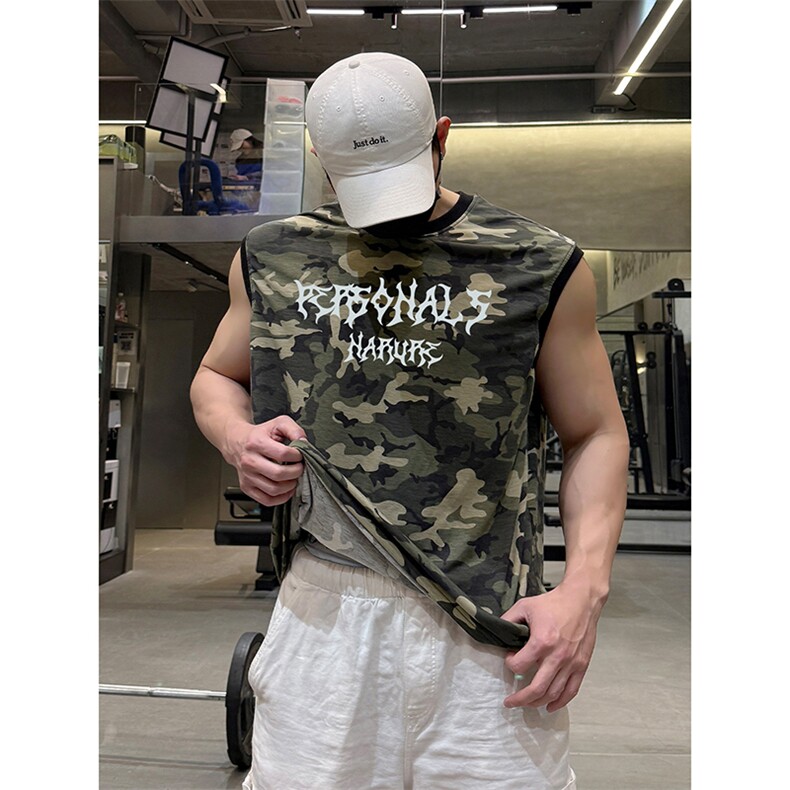 百搭街头时尚潮流印花上衣休闲潮酷运动无袖迷彩T恤HY768TP30控49,男装T恤,电商A102B