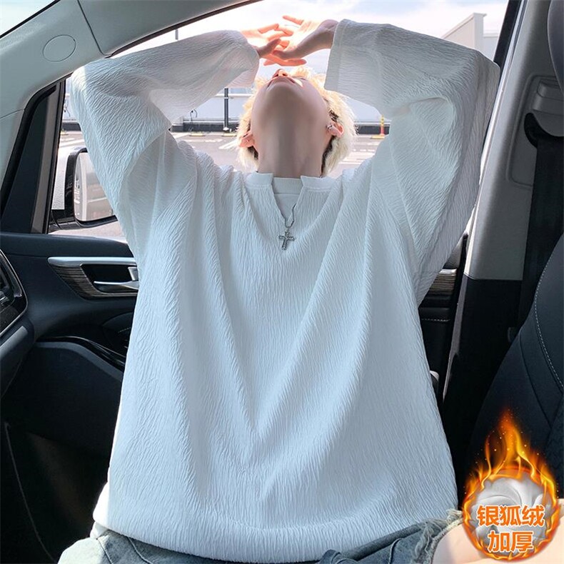 480g重磅纹理感V领卫衣男加绒银狐绒长袖T恤T1704J加绒-特P30控58，男装T恤，电商A001-1