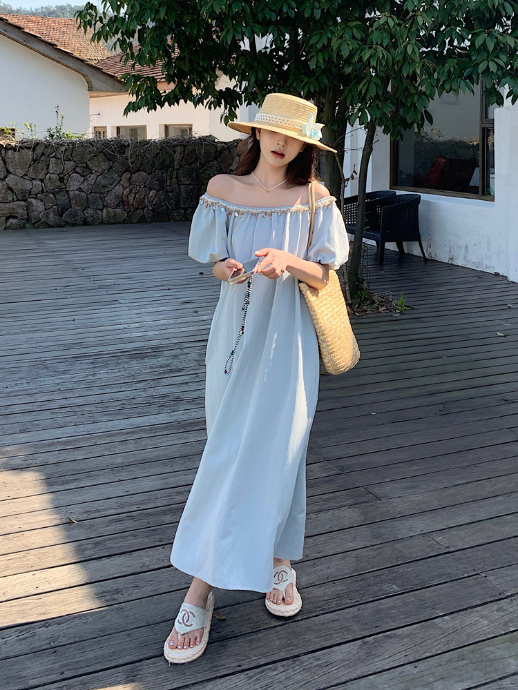设计感蓝色泡泡袖宽松连衣裙女2025年夏季新款圆领温柔风气质长裙,女装连衣裙,浙宝128A