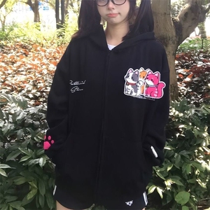 美式高街刺绣小猫魔术贴连帽蓝色卫衣春秋宽松慵懒情侣上衣外套图片